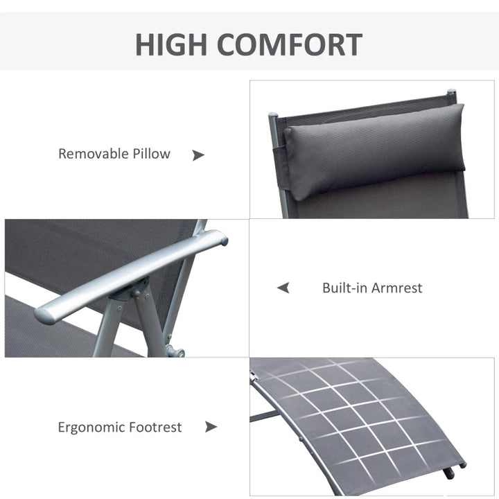 Folding Deck / Patio Sun Lounger w/ Neck Pillow - Grey