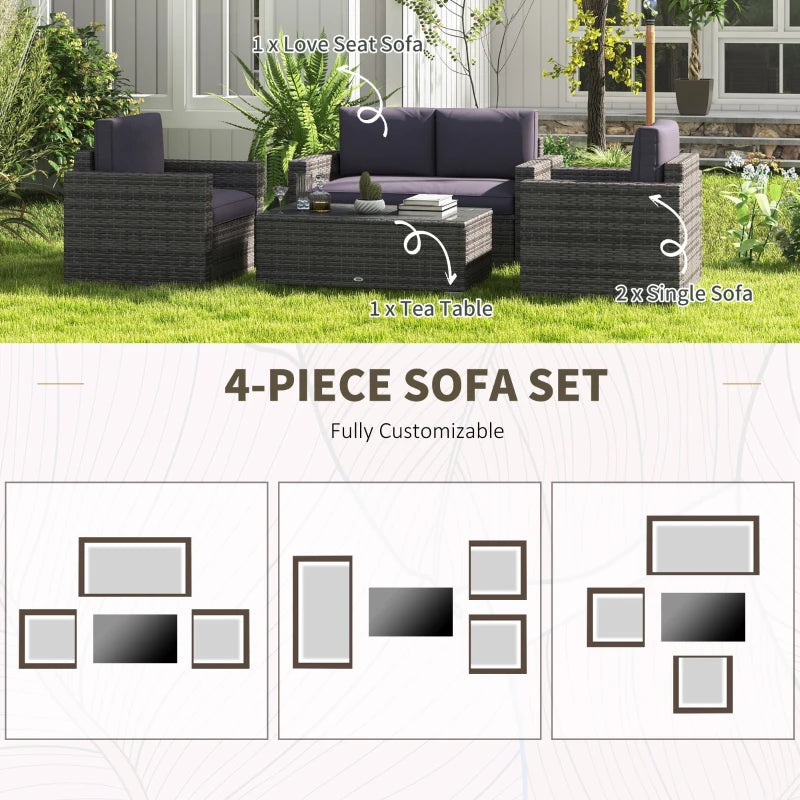 4pc PE Rattan Wicker Conversation Loveseat Armchairs w Cushions Outdoor Patio, Charcoal Grey