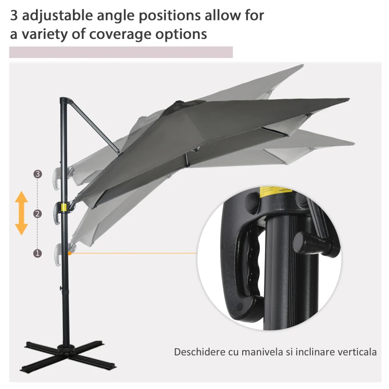 8ft Square Rotating Tilting Offset Cantilever Umbrella Canopy w Cross Base Outdoor Patio, Grey