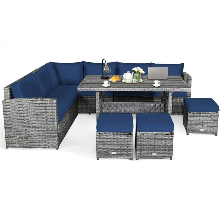 7pc L-Shape Rattan Wicker Dining Set Outdoor Patio Sectional w Table Cushions Ottomans, Navy Blue