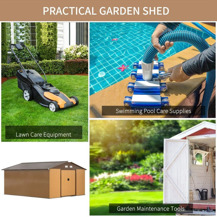 11.2 x 12.6 x 6.5’ Large Galv Steel Outdoor Storage Tool Work Shed Garden Backyard, Gold Brown