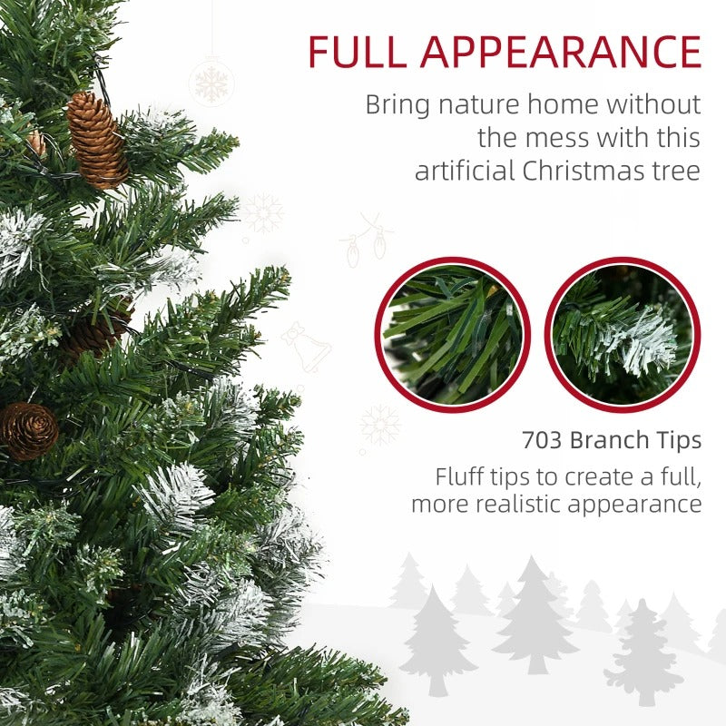 6ft 703-Tip Pre-lit Realistic Artificial Christmas Holiday Tree, Pine Cones 250 LEDs Snow Green