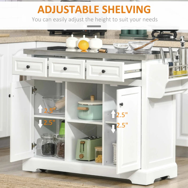 Large Rolling Kitchen Island Storage Cart Cabinet Sideboard, Stainless Steel Top, Wheels, White