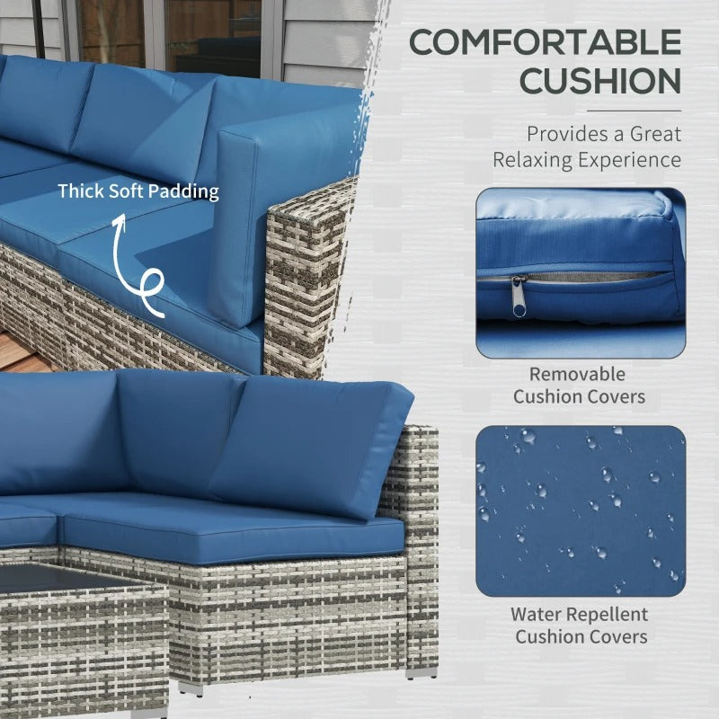 7pc PE Rattan Wicker Sectional Conversation Furniture Set w Cushions Outdoor Patio - Blue & Grey