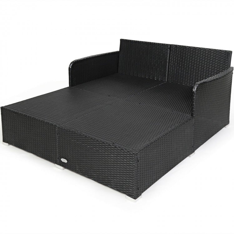 Double Rattan Wicker Daybed Sun Lounger Sofa Chaise w Cushions, Outdoor Patio, Cream White, Black