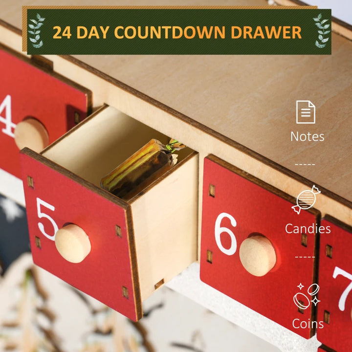 NEW Light-Up Wooden Christmas Advent Countdown Decoration w 24 Drawers, Holiday Xmas Village, Red