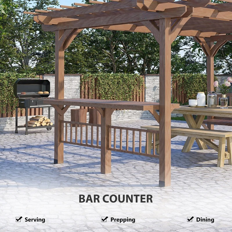 14' x 10' Wood Pergola Gazebo Patio Garden BBQ Shelter w Bar Counters, Bench Seats - Brown