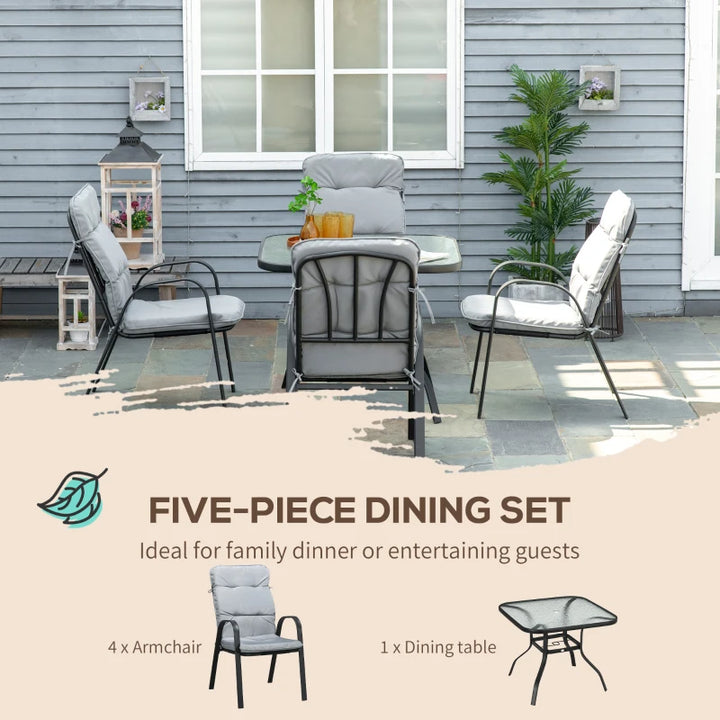 5pc, 4 Seat Outdoor Patio Dining Set w Tempered Glass Table, Chairs, Cushions - Black, Grey