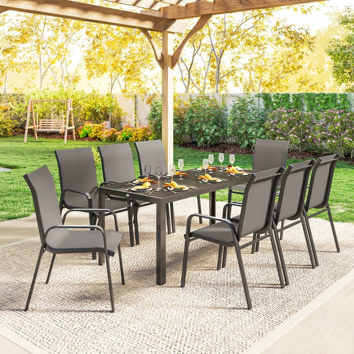 9 Pieces Patio Set with Stackable Chairs - Durable Outdoor Dining Set with Tempered Glass Top