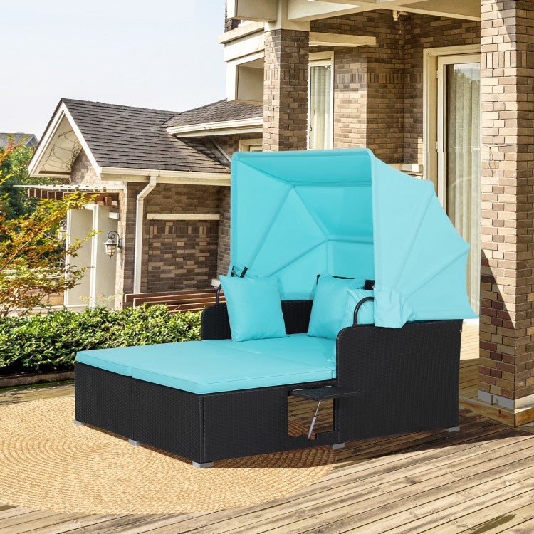 2-Person Rattan Wicker Canopy Daybed Lounge Chaise for Outdoor Patio, Cushions, Black, Turquoise