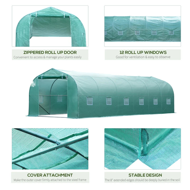 26’ x 10’ x 7’ Large Walk-In Dome Tunnel Garden Greenhouse w Door Windows, Galv Steel, Green