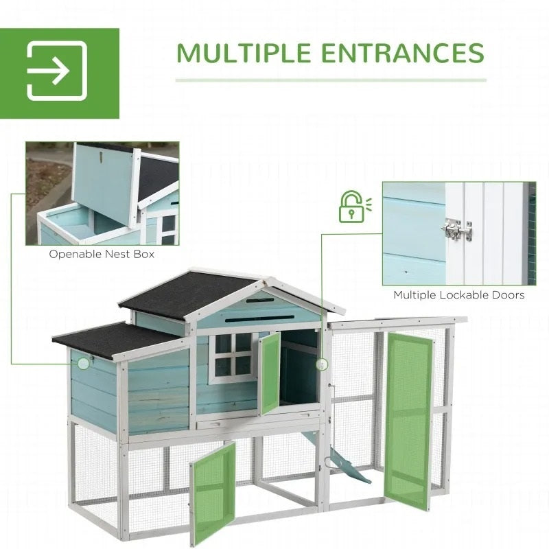 76" Wooden Outdoor Chicken Coop Hen House w Removable Tray, Nesting Box, Lockable Door, Lt Blue