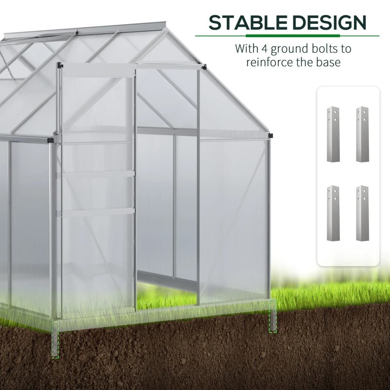 8' x 6’ x 6.5' Walk-In Hard-Sided PC Aluminum Garden Greenhouse w Vent Foundation Outdoor Plant