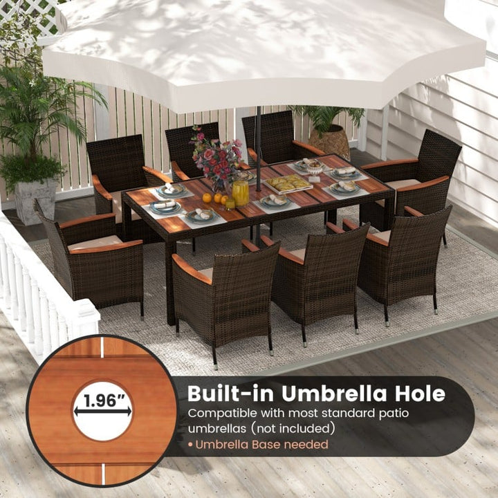 9pc PE Rattan Wicker Dining Set w 8 Armchairs, Acacia Wood Top, Umbrella Hole, Outdoor Patio, Brown