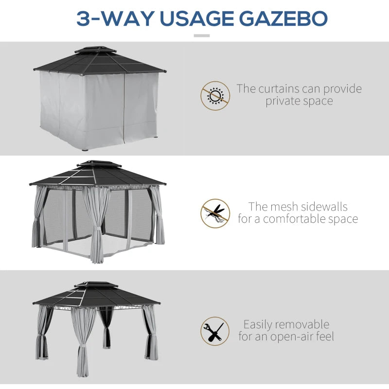 12' x 10' 2-Tier Tinted PC Hardtop Aluminum Gazebo Canopy Shelter, Curtain, Mesh - Black, Grey