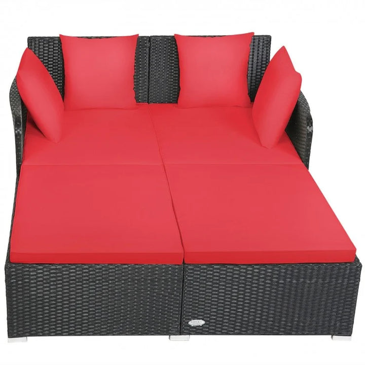 Double Rattan Wicker Daybed Sun Lounger Sofa Chaise w Cushions for Outdoor Patio, Red, Black