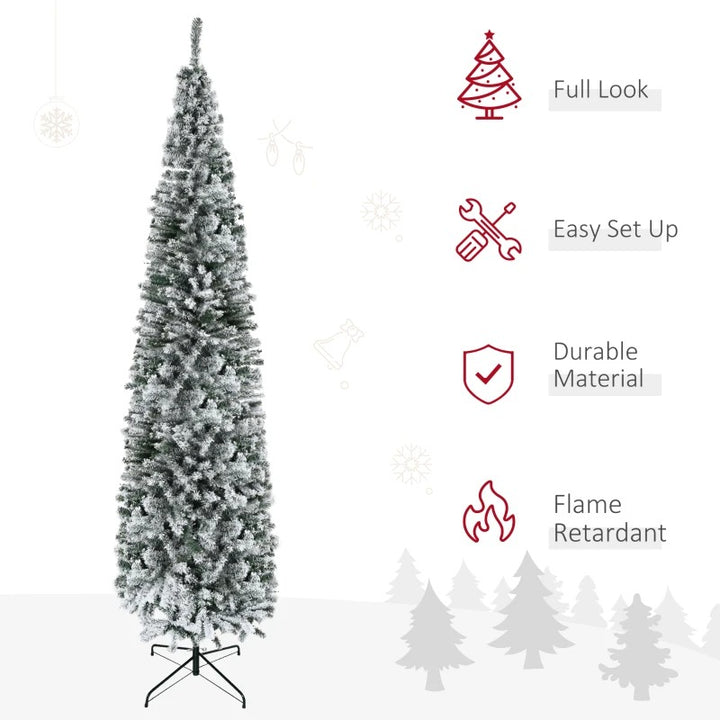 9ft 1014-Tip Unlit Snow Flocked Slim Artificial Pencil Christmas Holiday Xmas Tree, Green