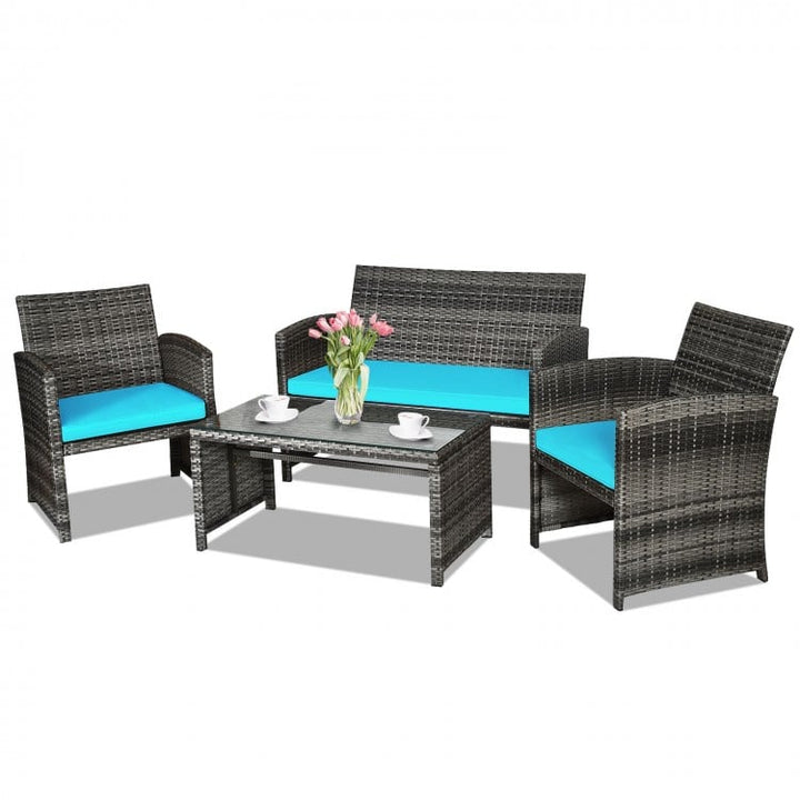 4pc Rattan Wicker Conversation Furniture Loveseat Set w Cushions for Outdoor Patio, Grey, Turquoise