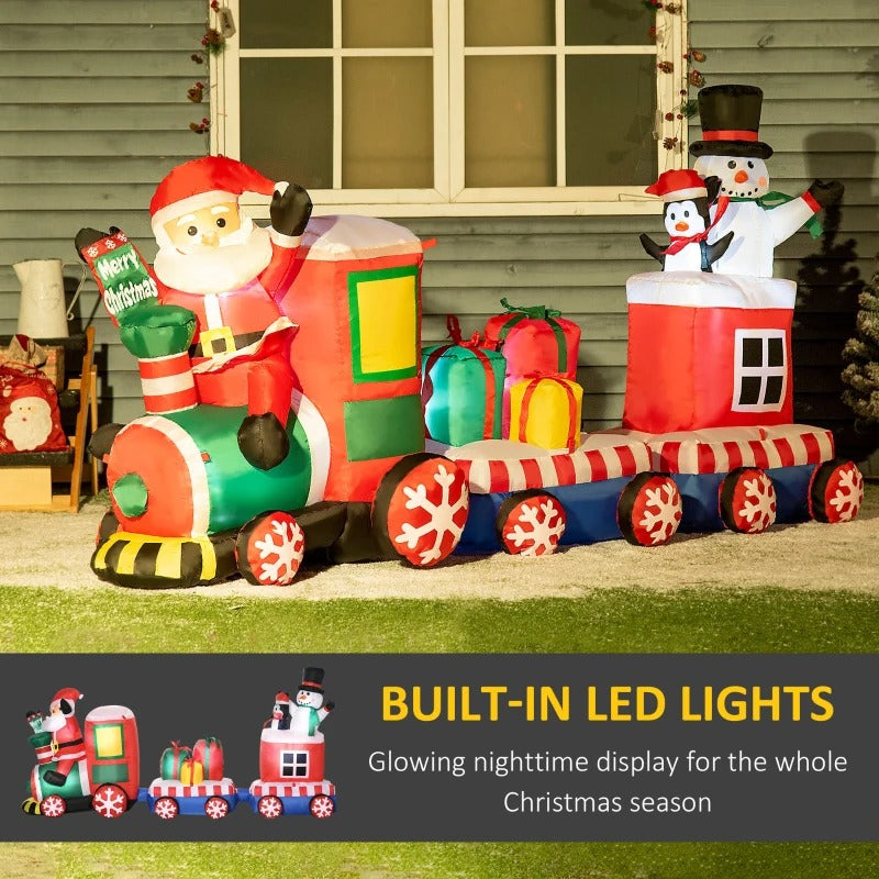 8ft Long Inflatable Holiday Christmas Outdoor Decoration w Light, Santa Train, Snowman, Penguin