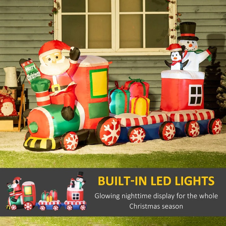 8ft Long Inflatable Holiday Christmas Outdoor Decoration w Light, Santa Train, Snowman, Penguin
