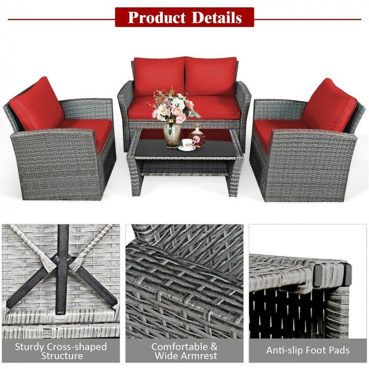 4pc PE Rattan Wicker Furniture Set w Loveseat, Armchairs, Cushions for Outdoor Patio, Grey, Red