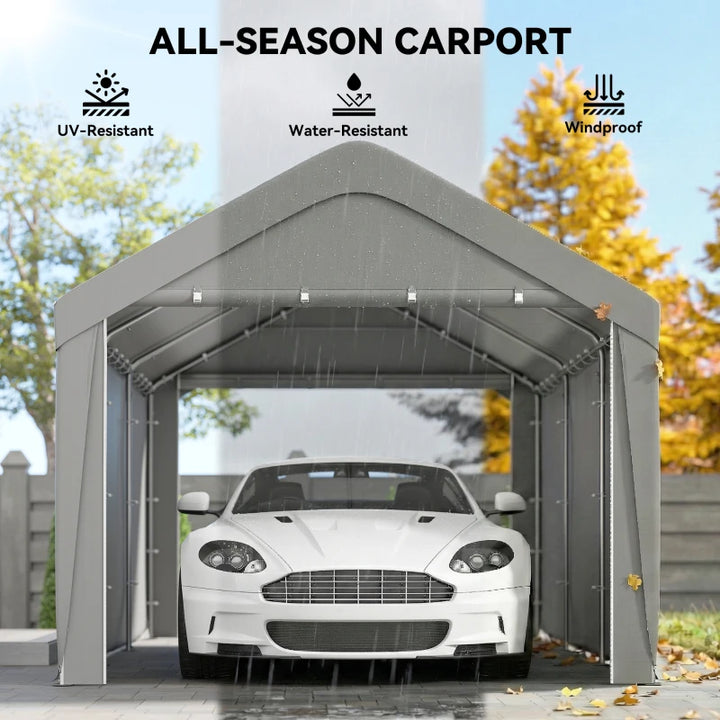 20' x 10' Heavy Duty Carport Shelter w Walls for Truck Bike RV Boat Garage Outdoor Storage, Lt Grey