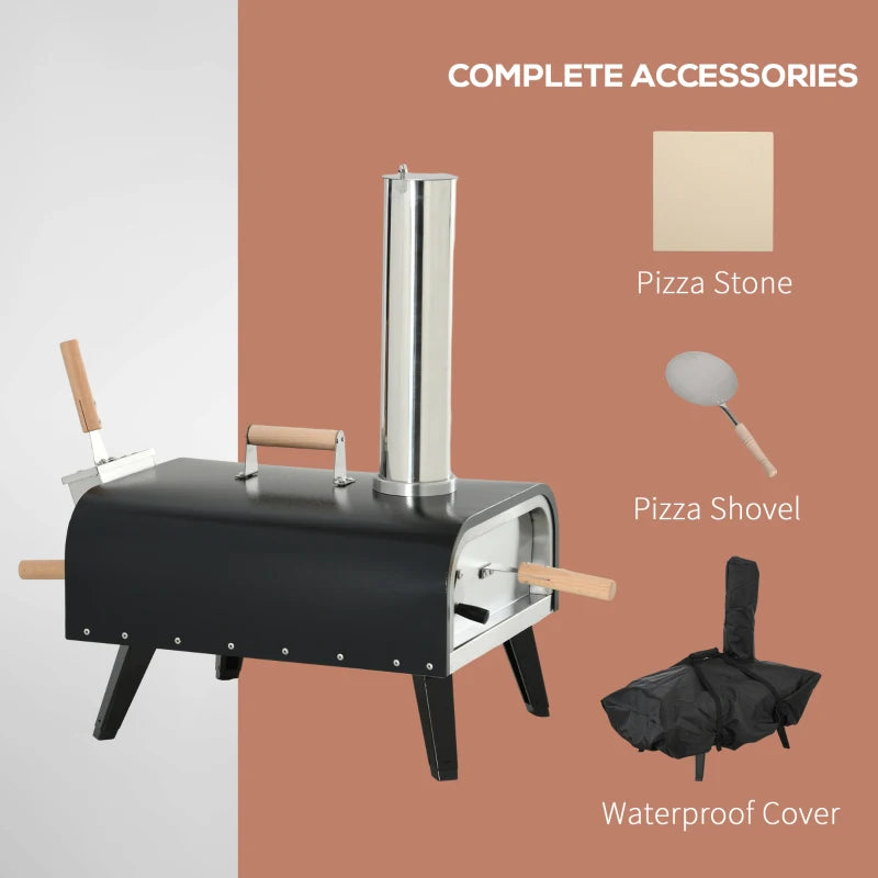 32” Portable Stainless Steel Wood Fire Pellet Pizza Oven w/ Chimney, Stone, Peel, Cover - Black