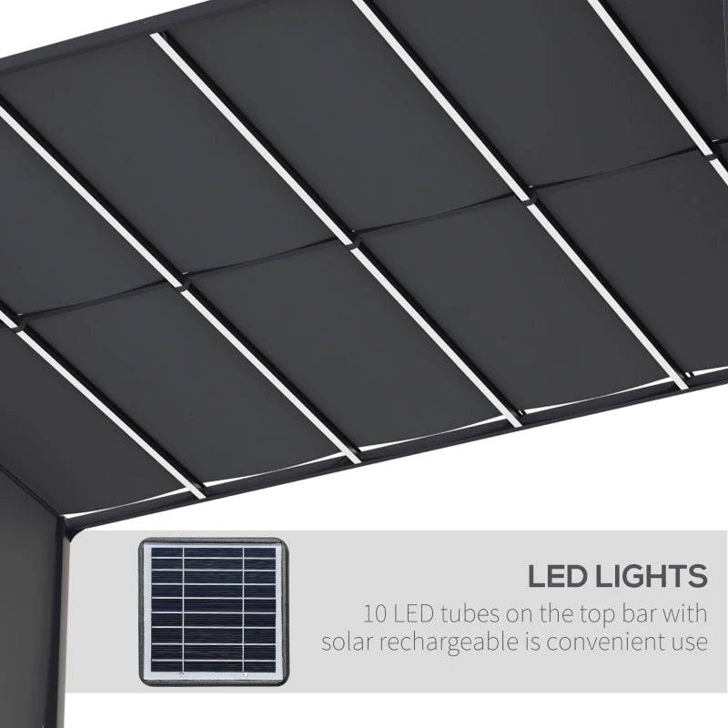 13' x 10' Steel Pergola Shelter w Solar LED Lights, Adjustable Roof Shade Outdoor Patio, Grey