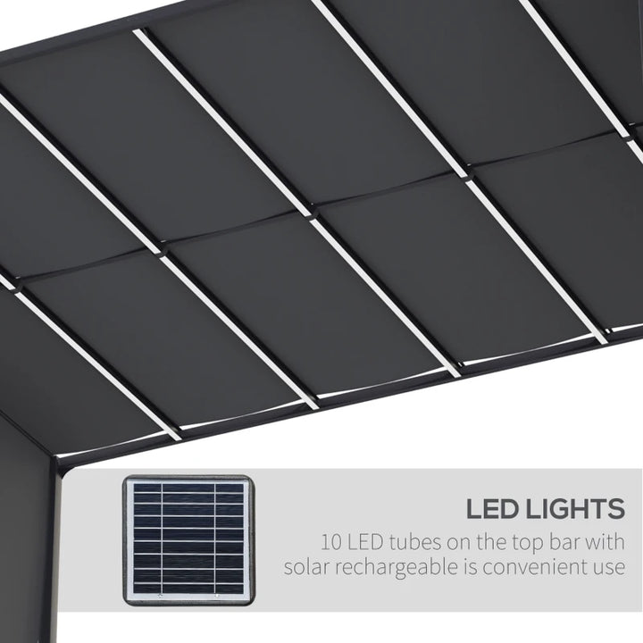 13' x 10' Steel Pergola Shelter w Solar LED Lights, Adjustable Roof Shade Outdoor Patio, Grey