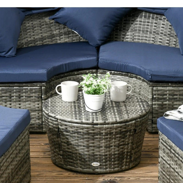 4pc PE Rattan Wicker Round Canopy Daybed Lounge Patio Sectional Sofa Set w Cushions, Grey, Blue