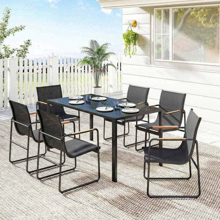 7 Pieces Outdoor Dining Set for 6 – Durable Glass Patio Table and Mesh Chairs