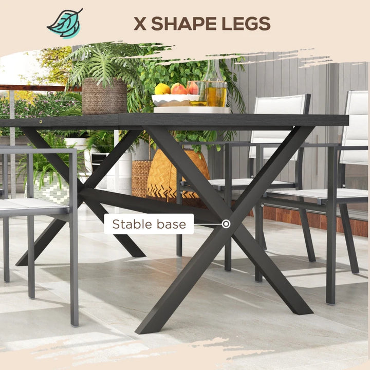 71" x 31.5" Sleek Outdoor Patio Dining Table w X-Base, Aluminum, Woodgrain Effect, Black