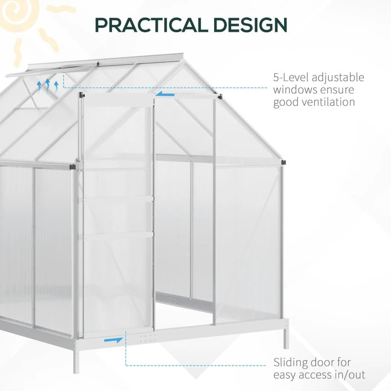 8' x 6’ x 6.5' Walk-In Hard-Sided PC Aluminum Garden Greenhouse w Vent Foundation Outdoor Plant