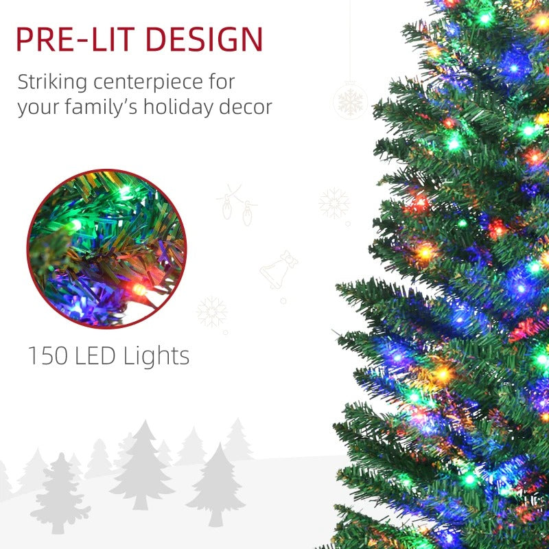 6ft Pre-lit Ultra Slim Pencil Faux Christmas Holiday Tree w 150 Multicolour LED Lights, Green