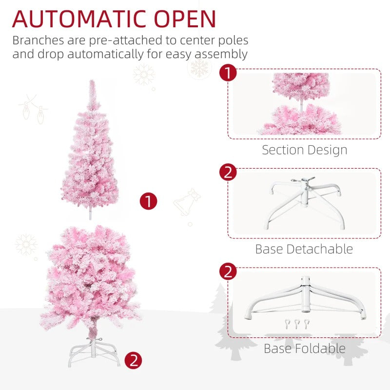 5ft 263-Tip Slim Snow Flocked Unlit Artificial Pencil Christmas Holiday Tree, Xmas Decor, Pink