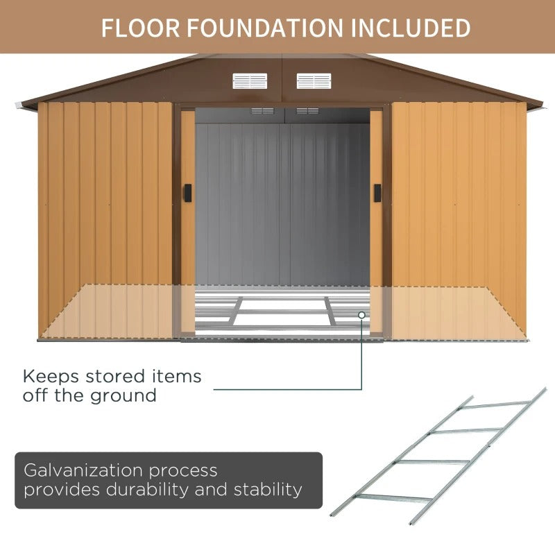 11.2 x 12.6 x 6.5’ Large Galv Steel Outdoor Storage Tool Work Shed Garden Backyard, Gold Brown