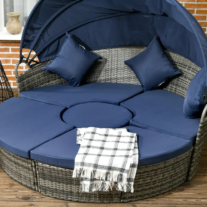 4pc PE Rattan Wicker Round Canopy Daybed Lounge Patio Sectional Sofa Set w Cushions, Grey, Blue