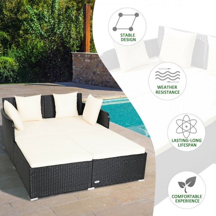 Double Rattan Wicker Daybed Sun Lounger Sofa Chaise w Cushions, Outdoor Patio, Cream White, Black