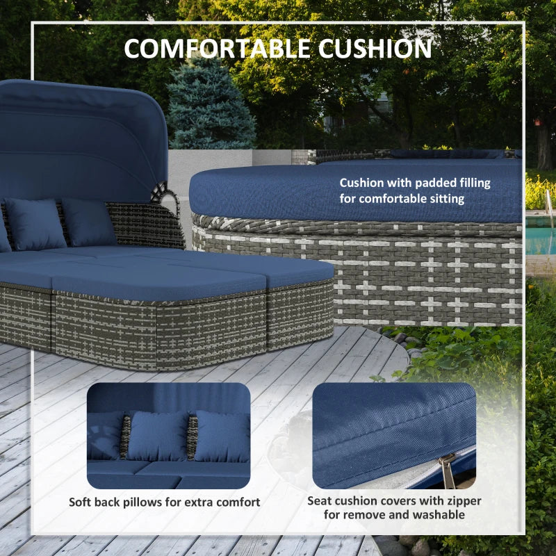 6pc PE Rattan Wicker Outdoor Canopy Daybed Chaise Patio Sectional Conversation Set, Grey, Blue