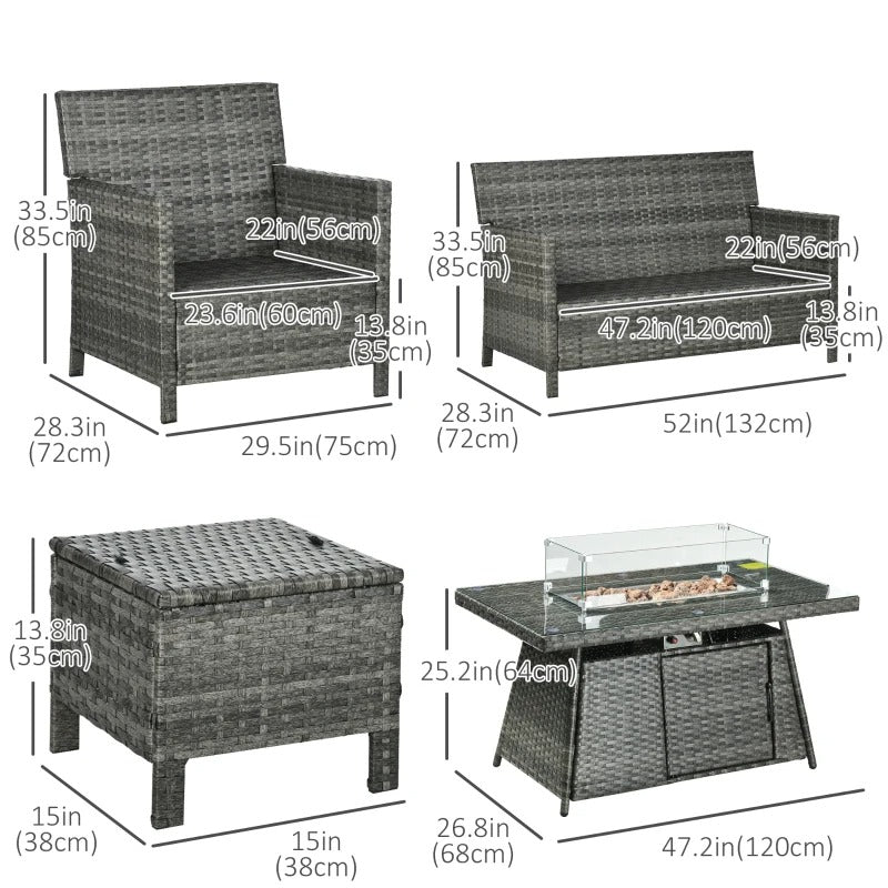 6pc PE Rattan Wicker Conversation Set w Propane Fire Pit Table, Footstools, Outdoor Patio, Grey