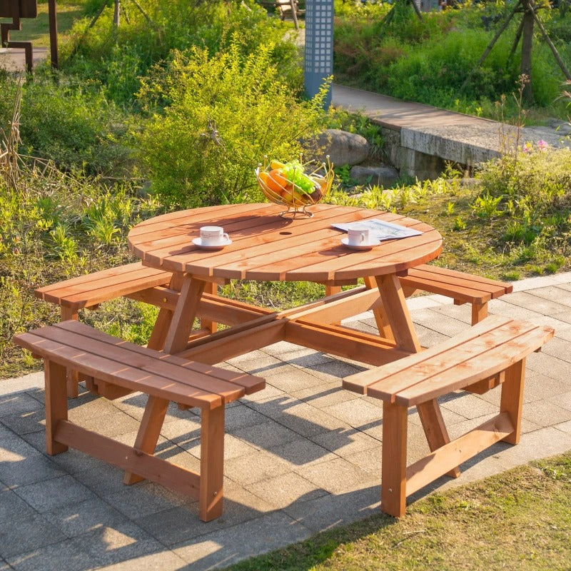 NEW 8-Seat Round Picnic Dining Pub Table w Bench Seats, Outdoor Pool Patio, Solid Stained Fir Wood