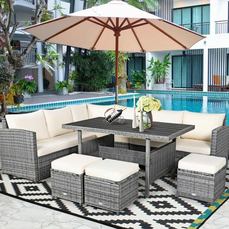 7pc L-Shape Rattan Wicker Dining Set Outdoor Patio Sectional w Table Cushions Ottomans, Off-White