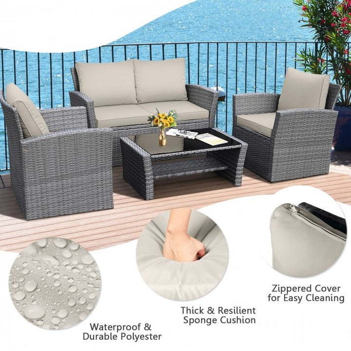 4pc PE Rattan Wicker Furniture Set w Loveseat Armchairs Cushions, Outdoor Patio, Grey, Cream Beige