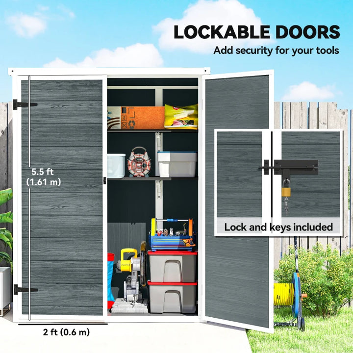Outdoor 4.4' x 2.3' Plastic Storage Shed with Lockable Doors and Foldable Shelves - Weather Resistant Garden Storage