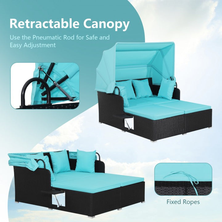 2-Person Rattan Wicker Canopy Daybed Lounge Chaise for Outdoor Patio, Cushions, Black, Turquoise