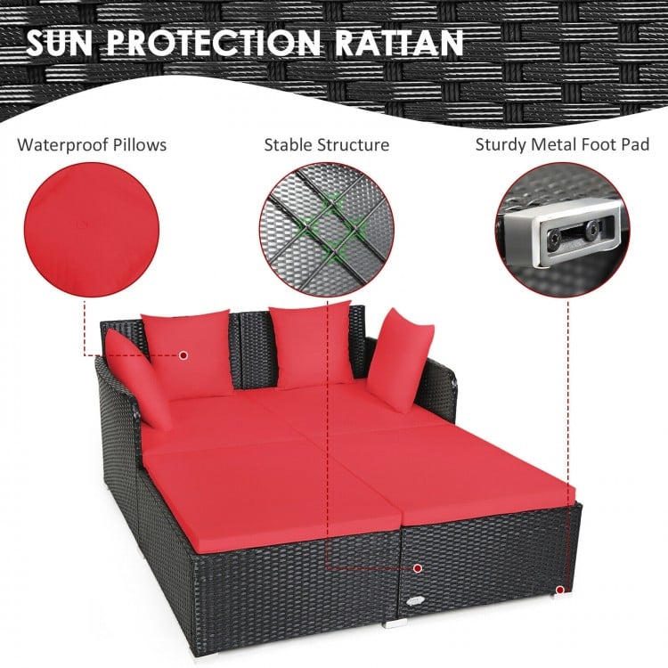 Double Rattan Wicker Daybed Sun Lounger Sofa Chaise w Cushions for Outdoor Patio, Red, Black