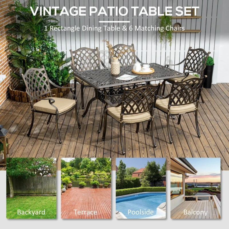 7pc Cast Aluminum Dining Table Set w 6 Chairs, Cushions for Outdoor Patio - Bronze Brown, Beige