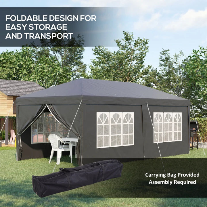 20' x 10' Pop Up Portable Canopy Tent Outdoor Event Party Gazebo w 6 Walls, Windows, Bag, Black