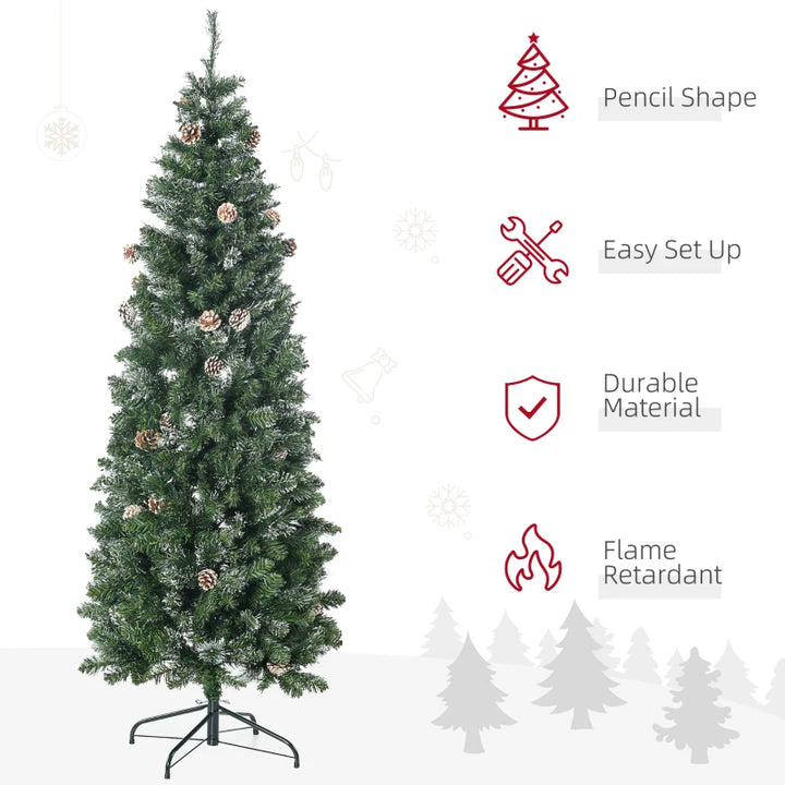 6ft 618-Tip Unlit Slim Artificial Christmas Holiday Tree w Pine Cones, Snowy Tips, Xmas Green