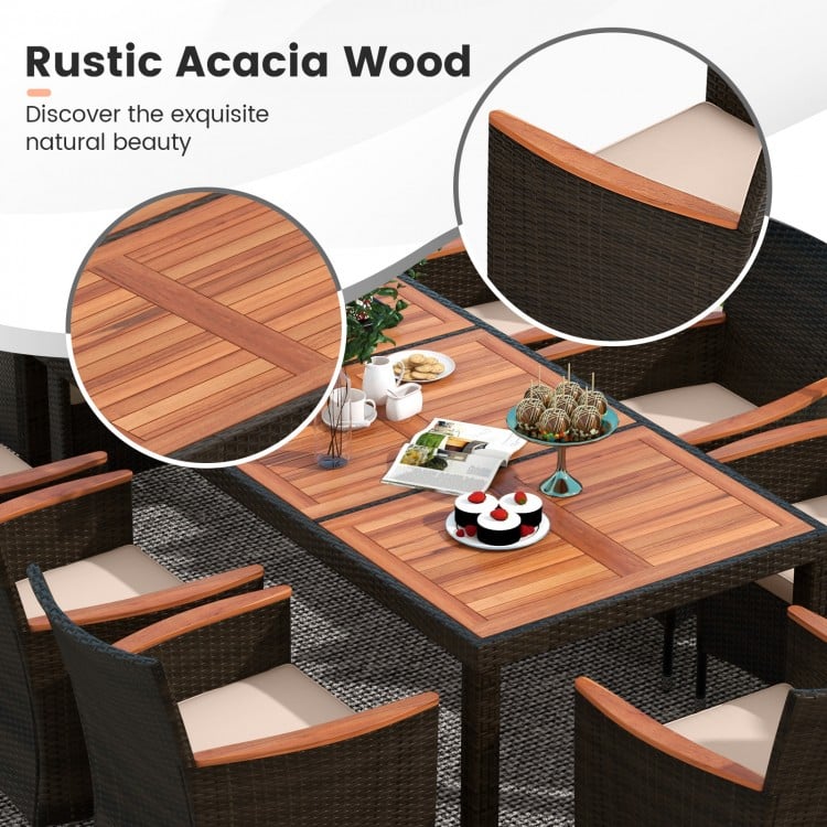 9pc PE Rattan Wicker Dining Set w 8 Armchairs, Acacia Wood Top, Umbrella Hole, Outdoor Patio, Brown